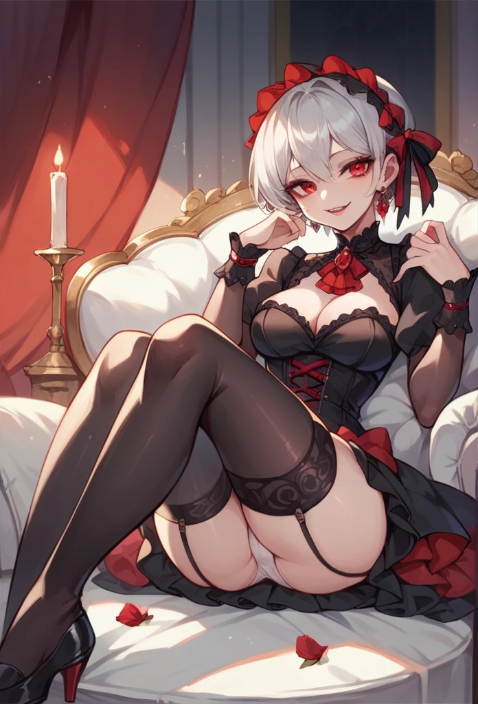 NSFW, ,best quality,cute girl, short silver hair, ,, ,High heel pumps,Wine Red Gothic ta(:1.3),, , garter straps,black thighhighs,Sit in a luxurious chair in a luxurious room in a castle , naughty face, white panties,