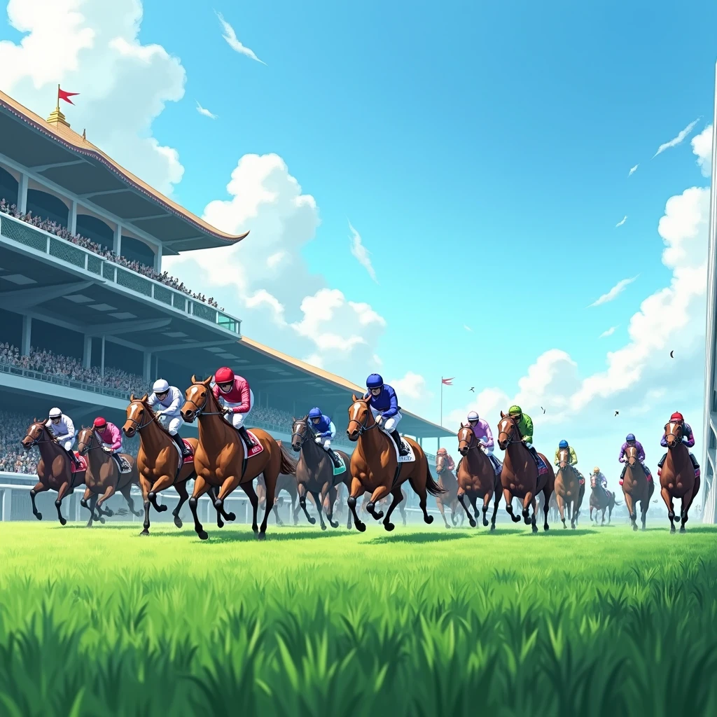 Tokyo Racecourse,Sunny,blue sky,12 horses in the race,The goal scene,Turf,A lot of people are watching,A lot of people,Image from the auditorium,Running through the finish line,1 2 3 moves,Screen from the side,(Close-up),Detailed Images,,(Highest quality,High resolution,Masterpiece,8K),