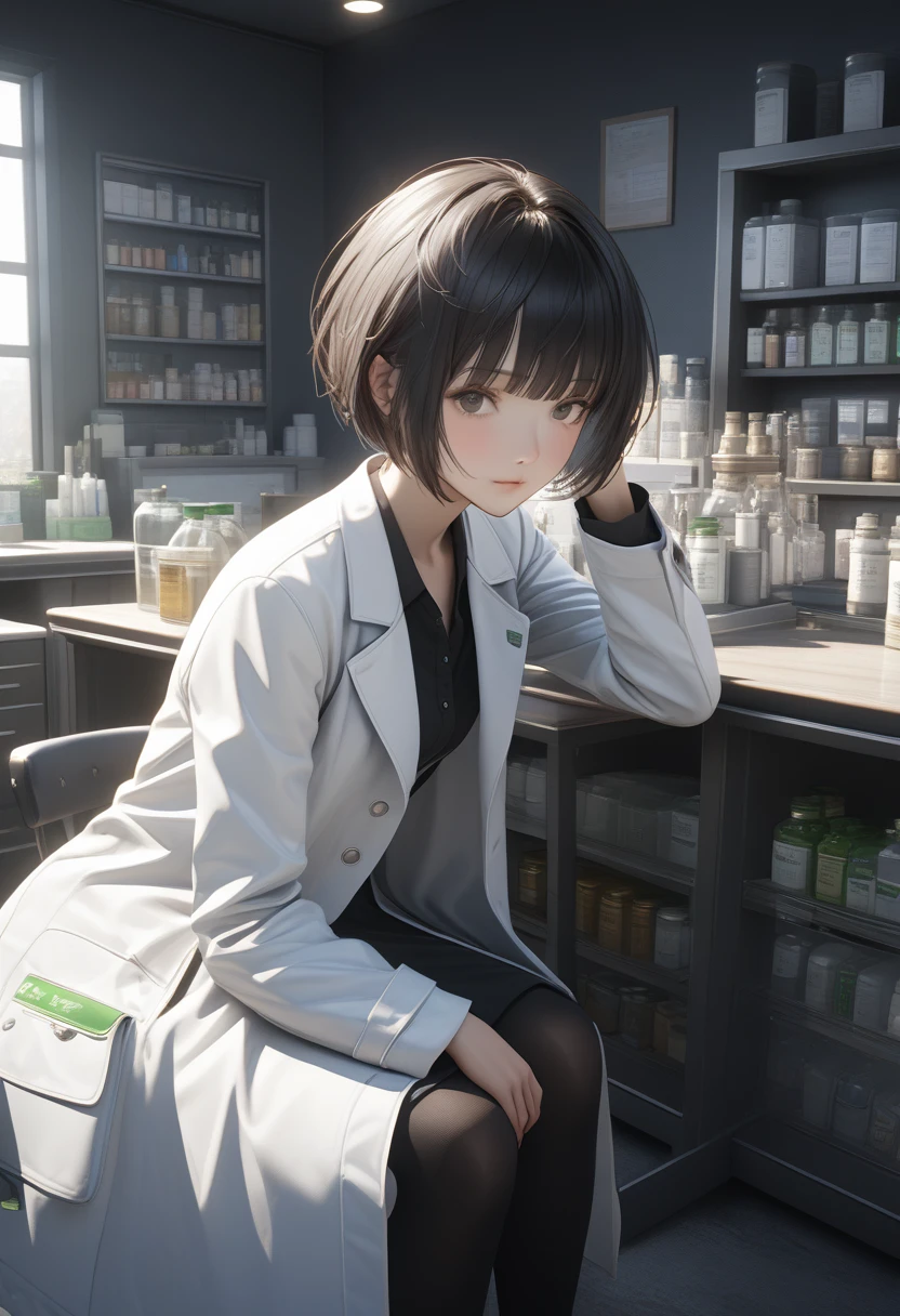 ((Highest quality)), ((masterpiece)), (detailed:1.4), Ray Tracing,NVIDIA,Super Resolution,Unreal 5,Scattered beneath the surface,PBR Texturing,Post-processing,Anisotropic Filtering,Depth of written boundary,Maximum clarity and sharpness,Female Pharmacist, (Look straight at me:1.3), (Polite service without tilting your head:1.2),  (A white coat that hides the lines of the body:1.3), (No body line:1.3), (Super Short Hair:1.3) Cowboy Shot, Health Room, Sulky look,black tights,sitting by the desk,