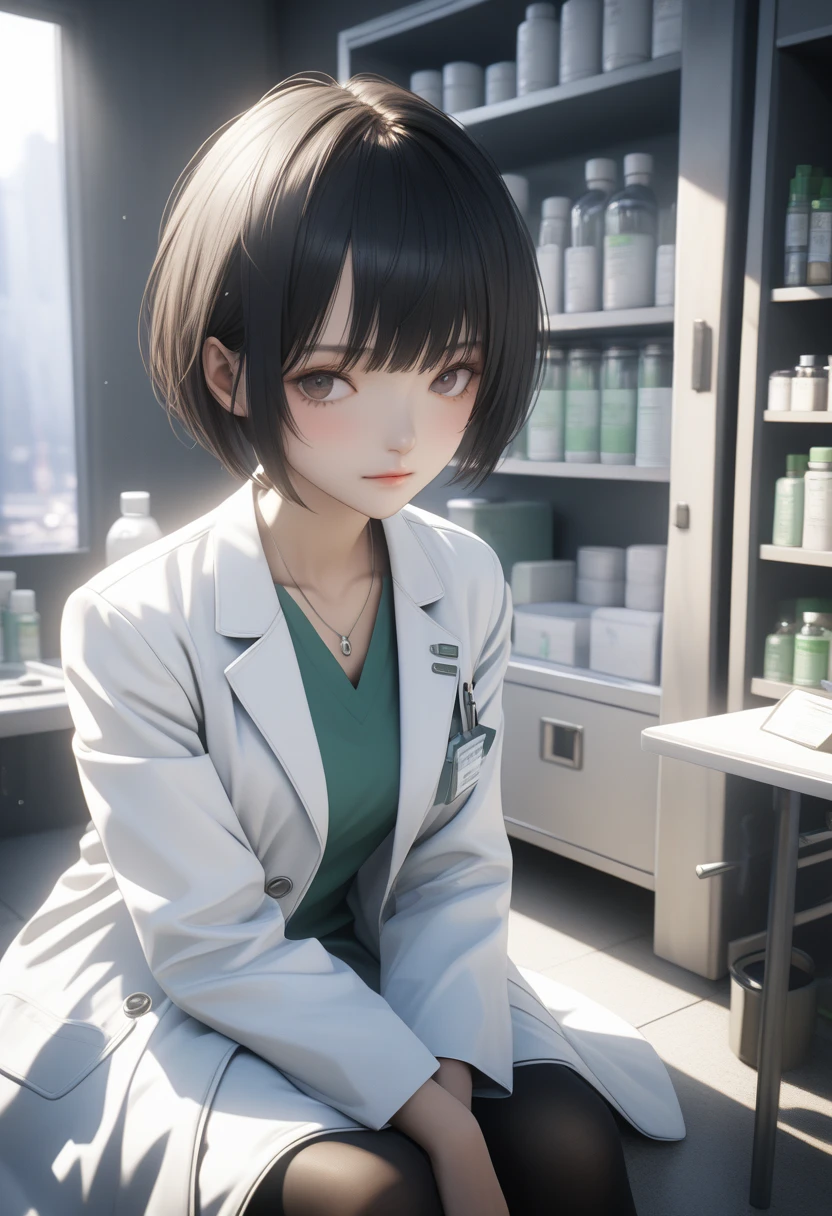 ((Highest quality)), ((masterpiece)), (detailed:1.4), Ray Tracing,NVIDIA,Super Resolution,Unreal 5,Scattered beneath the surface,PBR Texturing,Post-processing,Anisotropic Filtering,Depth of written boundary,Maximum clarity and sharpness,Female Pharmacist, (Look straight at me:1.3), (Polite service without tilting your head:1.2),  (A white coat that hides the lines of the body:1.3), (No body line:1.3), (Super Short Hair:1.3) Cowboy Shot, Health Room, Sulky look,black tights,sitting by the desk,