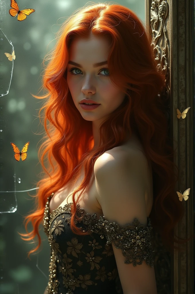 (solo, full body photo:1.3), (action packed:1.3), (haze, fog, mist:1.3), chiaroscuro, best quality, photorealistic, 1woman, (cute), (24yo:1.2), redhead, long ginger hair highly detailed, 1700'S, digital photography, art by artgerm and ruan jia and greg rutkowski surreal painting gold butterfly filigree, broken glass, (masterpiece, sidelighting, finely detailed Fashionable eyes: 1.2) (perfect oval large eyes that gazes at the viewer), beautiful detailed face, blue gorgeous perfect eyes, (blonde hair ponytail), (attractive young woman:1.3), (thick amazing hair), (seductive:1.1), (blushing:1.1)