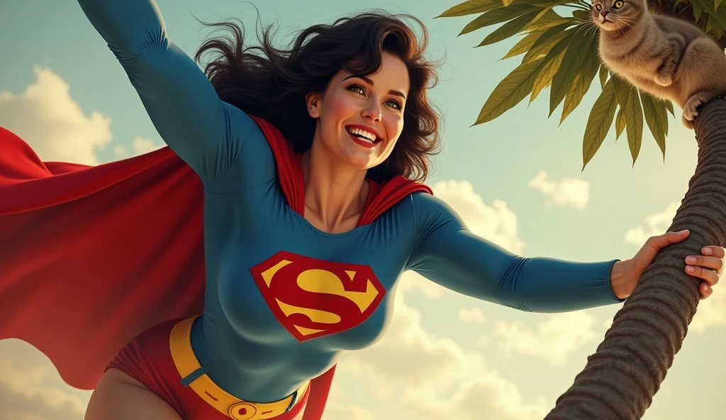 Supergirl flutuando no ar
(((very beautiful old Supergirl (((1980s Superman costume))) Julie Hagerty(((dark-haired, large-breasted woman in her 50s)))) Super woman Julie Hagerty; confident, powerful, indestructible, attractive; big and firm chest; strong breasts; arms crossed, salvando um gato de uma arvore; arms of a strong woman.