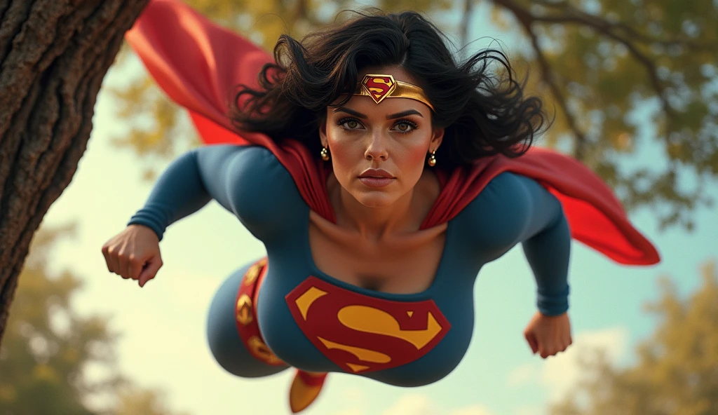 Supergirl flutuando no ar
(((very beautiful old Supergirl (((1980s Superman costume))) Julie Hagerty(((dark-haired, large-breasted woman in her 50s)))) Super woman Julie Hagerty; confident, powerful, indestructible, attractive; big and firm chest; strong breasts; arms crossed, salvando um gato de uma arvore; arms of a strong woman.