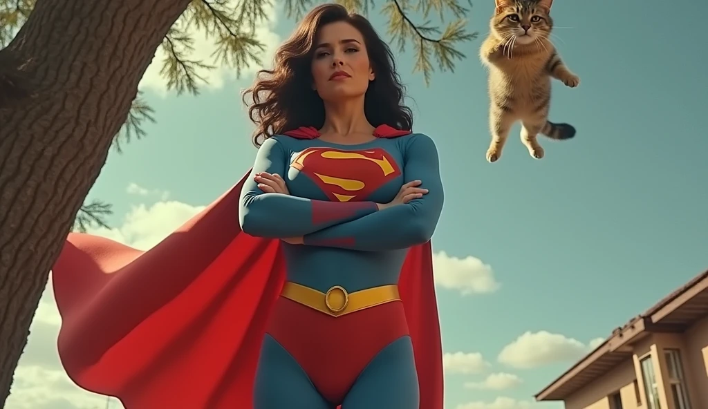 (((very beautiful old Supergirl (((1980s Superman costume))) Julie Hagerty(((dark-haired, large-breasted woman in her 50s)))) Super woman Julie Hagerty; confident, powerful, indestructible, attractive; big and firm chest; strong breasts; arms crossed, salvando um gato de uma arvore; arms of a strong woman. HD. Photograph, ((realism)), extremely high quality RAW photograph, ultra detailed photograph, sharp focus, high resolution, (detailed skin:1,3),high quality, film grain, Fujifilm XT3,Highly Detailed, movie, (Cinematic Photo:1.3) of (Realistic:1.3)