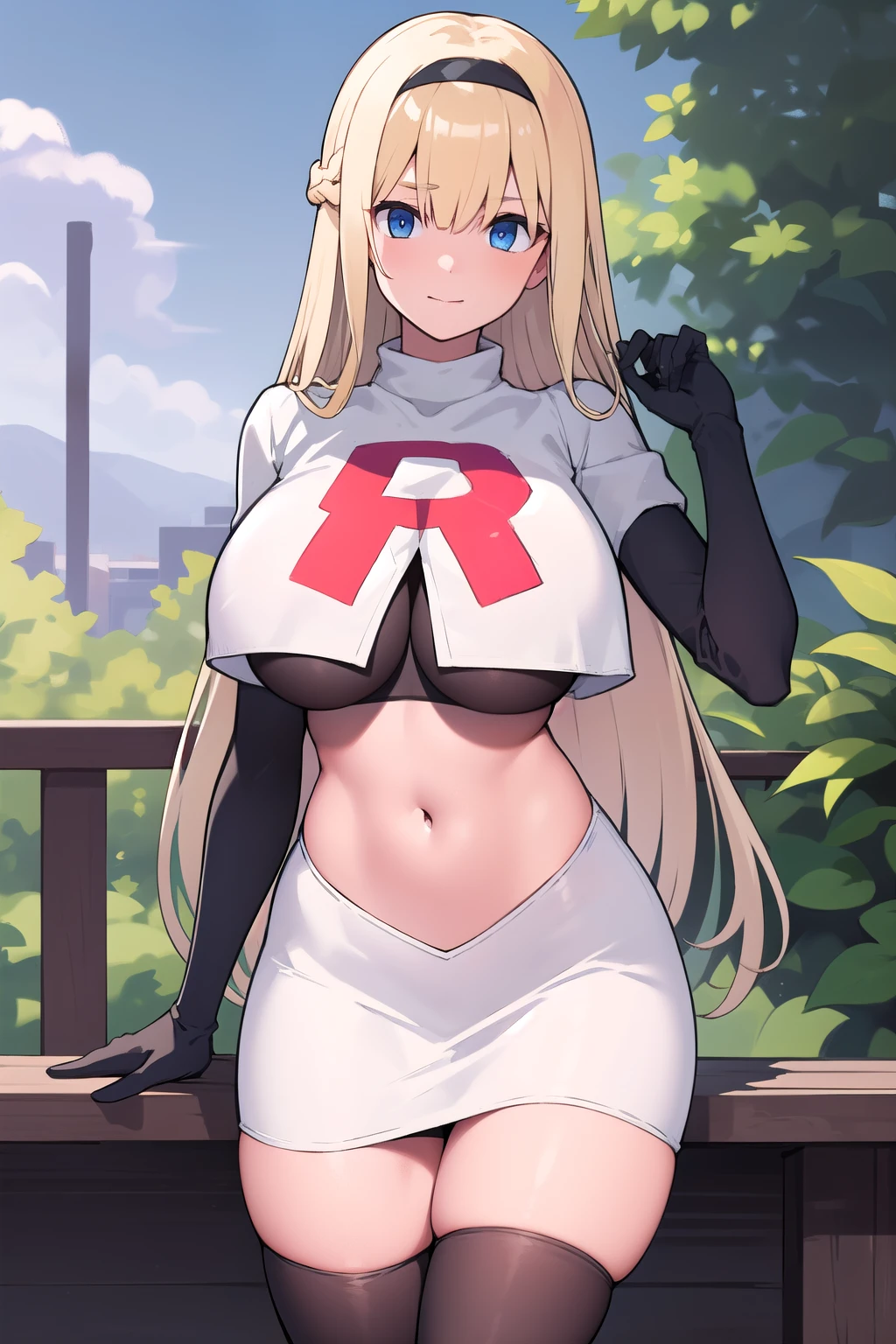 masterpiece, best quality,simple eyes,outdoors,1girl,north carolina,bangs, blonde_hair, blue_eyes,large breasts, eyebrows_visible_through_hair, hairband, long_hair, long_sleeves, looking_at_viewer, team rocket,team rocket uniform,white skirt,red letter R,crop top,black thigh-highs,black elbow gloves