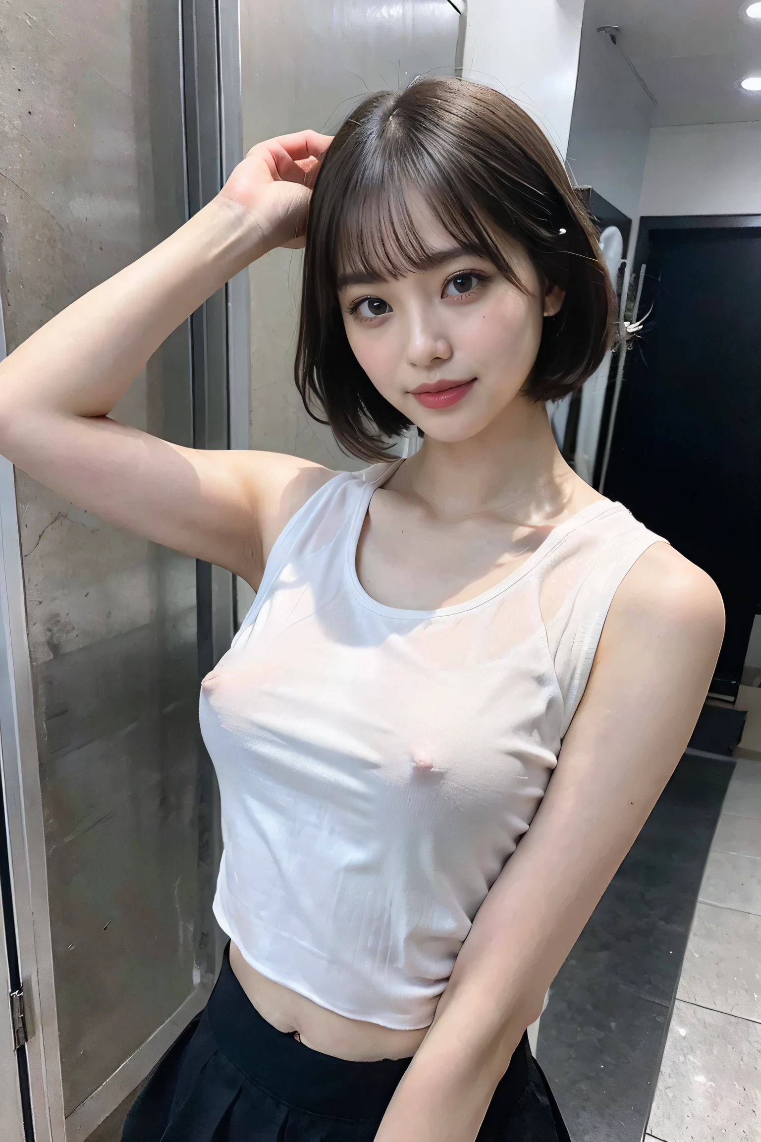 {{White mini skirtを履いている}},
BREAK,Highest quality}, {masterpiece}, {16K, Very detailed}, {Beautiful Skin}, {Professional Lighting),
,BREAK,{(one person's:smile):(Showing teeth):(Double Eyes):(eye shadow)},{{Wearing a white skirt:I can see her panties}}
BREAK,{Short straight black hair:1.2},,
BREAK,whole body,{Glowing Skin} ,{{ (White tight tank top::See through::Nipples:1.3)}},
BREAK,{White mini skirt:1.6}