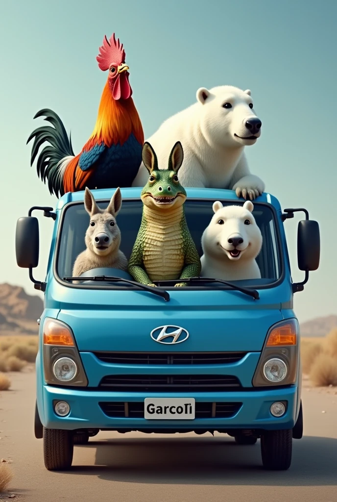 gallo, Crocodile, Donkey and a polar bear in a blue Hyundai Porter truck