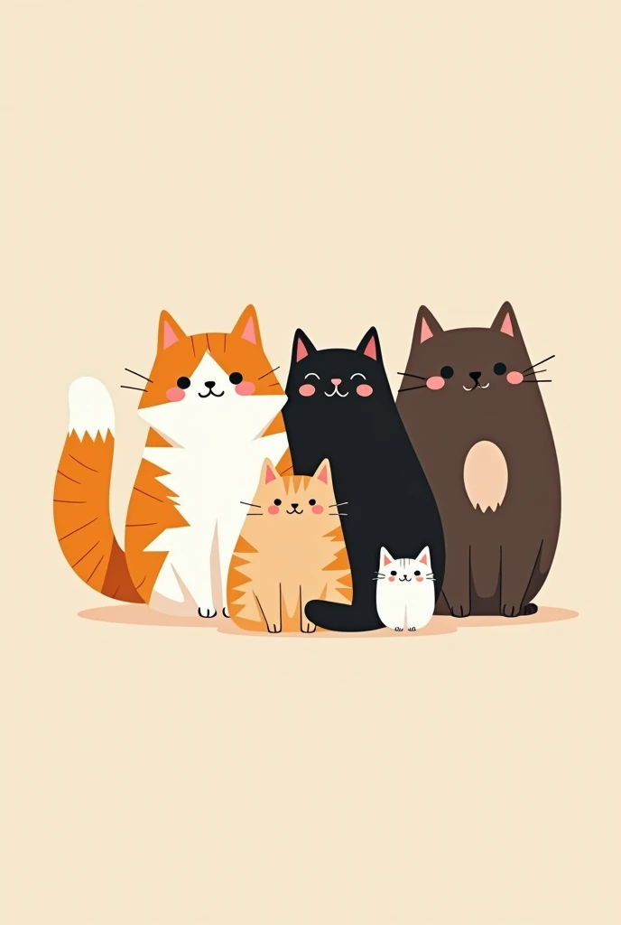 create me a wallpaper of 4 cats together happy 1 orange with white with lots of hair big 1 big chubby black 1 dark brown with white on its chest big 1 only white with black small not so much in minimalist style drawing 