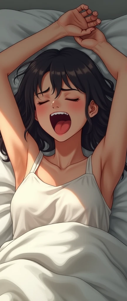 20-year-old girl in pajamas and a black top covered with a sheet on the bed and with her mouth open, the girl's mouth is big and open,, she has her tongue out, she is very sleepy, ela boceja muito ao mesmo tempo, boca totalmente aberta, ela tem a boca muito aberta, your mouth is exaggeratedly open and showing your tongue, has his eyes closed, facial expression of sleeping and just waking up, she's stretching out (one of the arms up and the other arm is in front of the mouth)