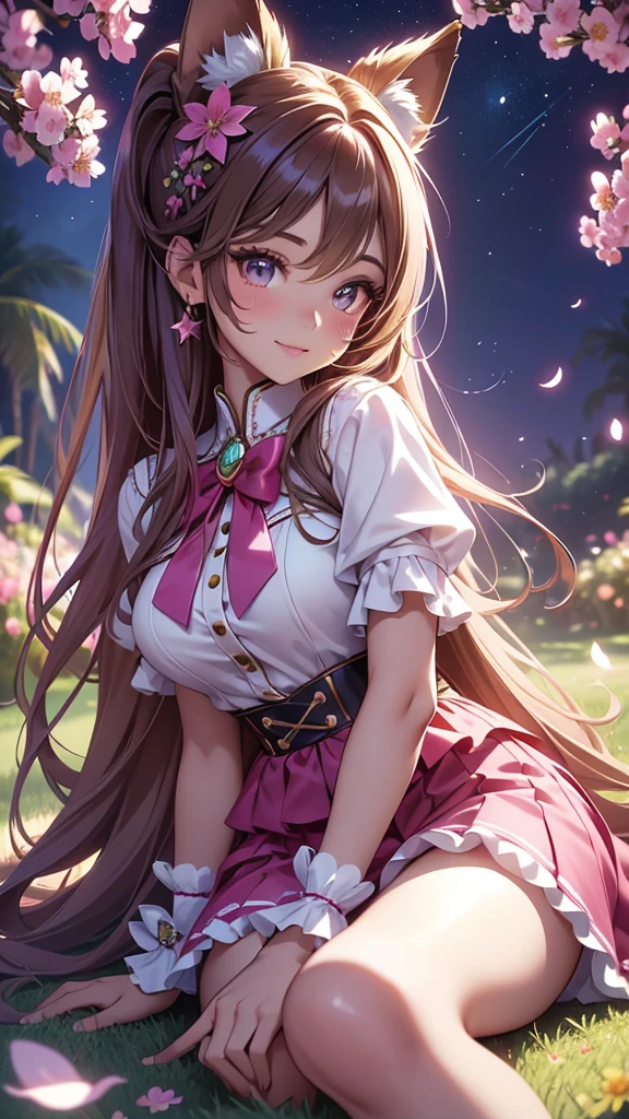 (best quality,4k,8k,highres,masterpiece:1.2),ultra-detailed,(realistic,photorealistic,photo-realistic:1.37),acrylic painting,beautiful Brazilian model in a uniform outfit with downy hair,beautiful Brazilian model with extremely colorful brown hair and detailed facial features,beautiful Brazilian model standing in a beautiful garden surrounded by a starry sky,brown hair,beautiful Brazilian model wearing a vibrant pink and teal uniform outfit,beautiful Brazilian model with intricate accessories,cat ears, ,beautiful Brazilian model with long flowing twintails,beautiful Brazilian model with bright brown eyes and rosy lips,beautiful Brazilian model with a joyful expression,beautiful Brazilian model in a dynamic pose with cherry blossoms falling around her,beautiful Brazilian model surrounded by colorful flowers and butterflies,beautiful Brazilian model's school uniform outfit adorned with cute bows and lace details,beautiful Brazilian model with an enchanting smile,beautiful Brazilian model with soft, pastel-colored shading,beautiful Brazilian model with a magical glow illuminating her,beautiful Brazilian model in a picturesque setting with a winding path leading to a magnificent castle,beautiful Brazilian model with a fairytale-like background,beautiful Brazilian model with a soft, dreamy atmosphere,beautiful Brazilian model with a subtle bokeh effect,beautiful Brazilian model standing under a sunny sky,beautiful Brazilian model with a warm, golden sunset in the background,beautiful Brazilian model surrounded by twinkling stars and colorful nebulae,creating an ethereal and captivating artistic masterpiece, sitting down, facing camera, uniform outfit