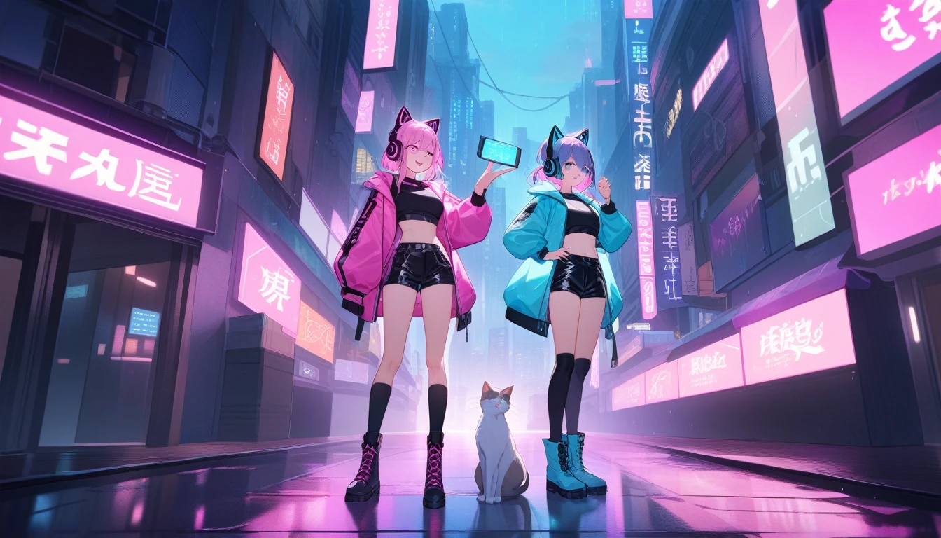 Scene: A girl standing in a futuristic city alley at dusk, with vibrant neon lights reflecting off the rain-soaked pavement. Hair: Short, spiky lavender hair with neon pink highlights that glow under the city lights. Outfit: A sleek, holographic jacket over a black crop top, paired with high-waisted, metallic shorts, and knee-high boots. Accessories: A pair of cat-ear headphones with glowing neon blue accents, perfectly matching the city's lights. Pose: She stands confidently, one hand on her hip, the other holding a small, high-tech device that’s emitting a soft glow. Expression: A sly smile with a hint of excitement, as if she’s ready to dive into an unexpected adventure in this surreal environment.