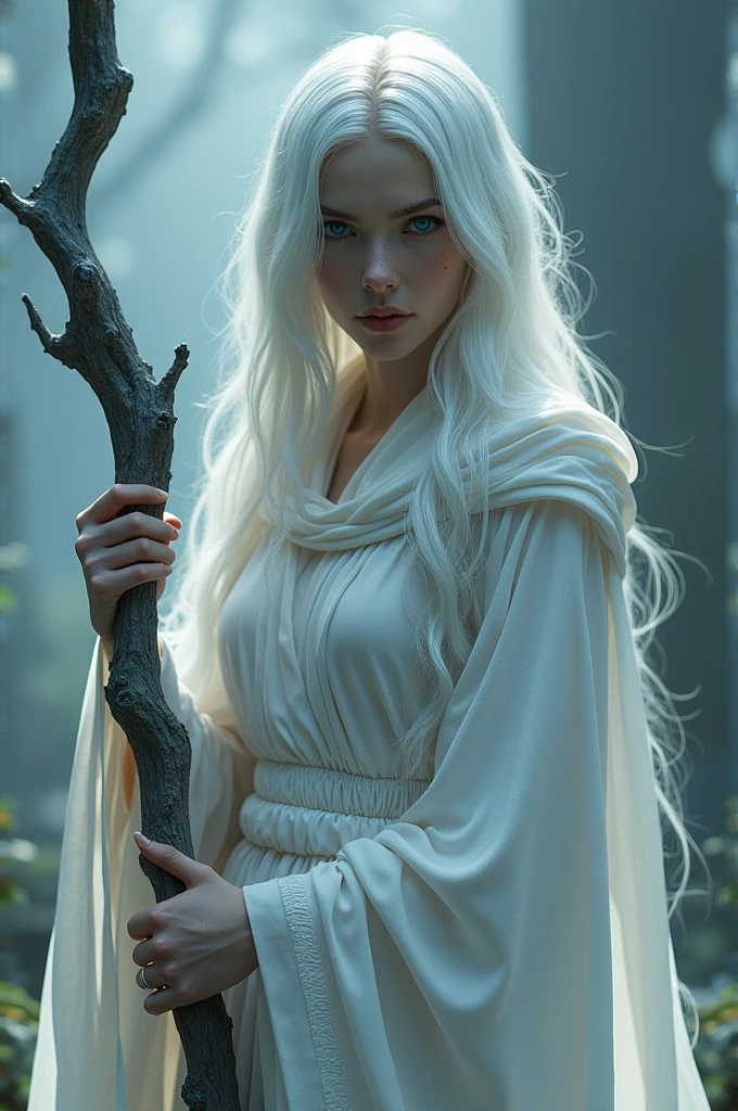 A female witch with white hair, blue eyes, and white clothing with a grey twisted staff.