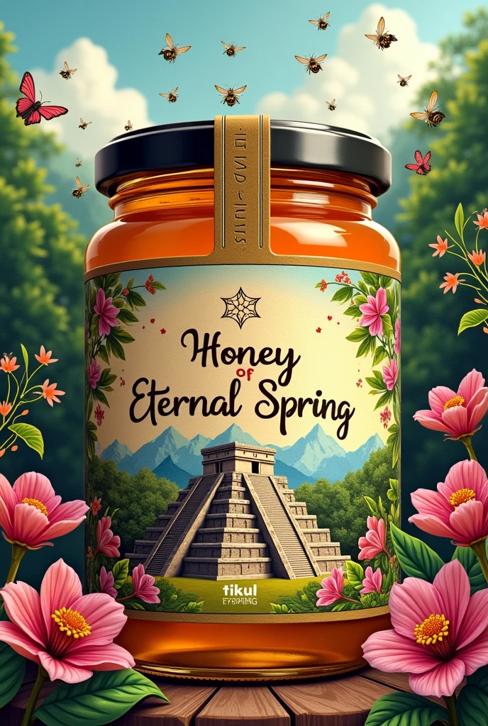 Label for a jar of honey with the pyramid of Tikal (jax mutul), I&#39;m cheating, Guatemala with flowers and bees and the name "Honey of eternal spring"