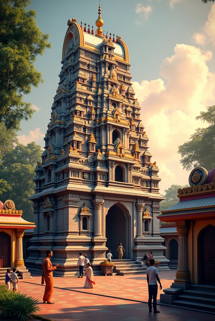 Create an image of Shri Dharmasthala Manjunatheshwara Temple in Karnataka, India.

Style: A blend of traditional Indian architecture and modern realism.
Focus: The intricate carvings on the temple's gopuram (tower), the vibrant colors of the exterior, and the peaceful atmosphere within the temple courtyard.
Time of day: Sunrise or sunset, capturing the golden light and long shadows.
Details: Include the temple's flagstaff, the surrounding lush greenery, and possibly a few devotees praying or offering prayers.
Additional notes: Consider adding a sense of history and spirituality to the image, perhaps through a subtle aura or the presence of a deity or divine figure.
