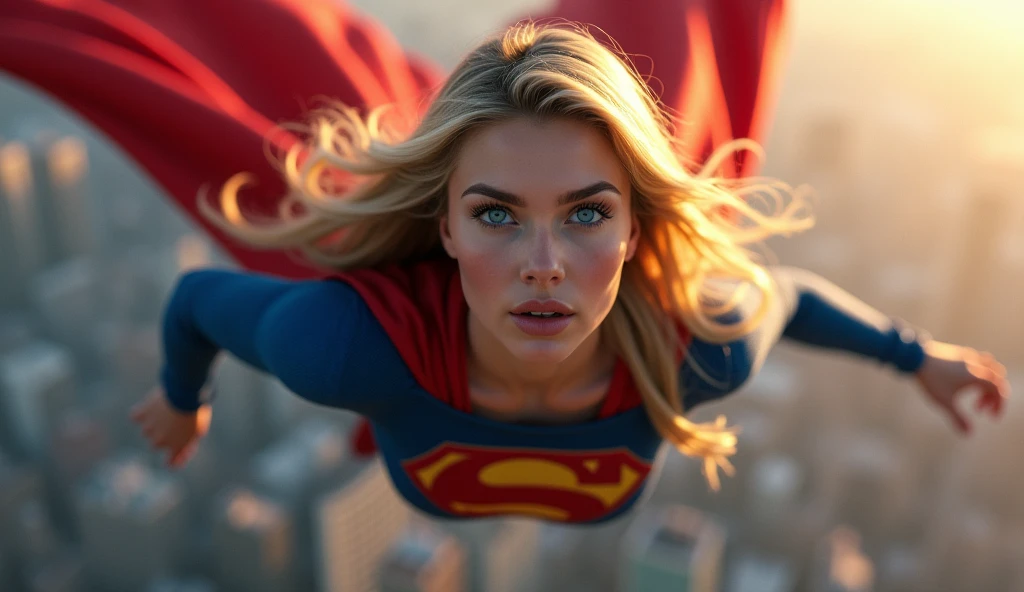 supergirl by george perez,1girl,beautiful detailed eyes,beautiful detailed lips,extremely detailed face and skin,long eyelashes,long blonde hair,heroic pose,red and blue costume,flying,dynamic action,cinematic lighting,dramatic colors,epic scene,digital painting,concept art,8k,photorealistic,highly detailed,masterpiece