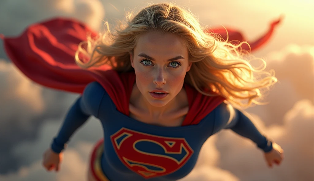 supergirl by george perez,1girl,beautiful detailed eyes,beautiful detailed lips,extremely detailed face and skin,long eyelashes,long blonde hair,heroic pose,red and blue costume,flying,dynamic action,cinematic lighting,dramatic colors,epic scene,digital painting,concept art,8k,photorealistic,highly detailed,masterpiece