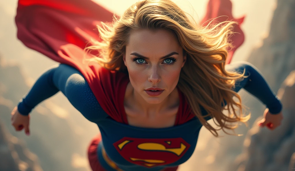 supergirl by george perez,1girl,beautiful detailed eyes,beautiful detailed lips,extremely detailed face and skin,long eyelashes,long blonde hair,heroic pose,red and blue costume,flying,dynamic action,cinematic lighting,dramatic colors,epic scene,digital painting,concept art,8k,photorealistic,highly detailed,masterpiece