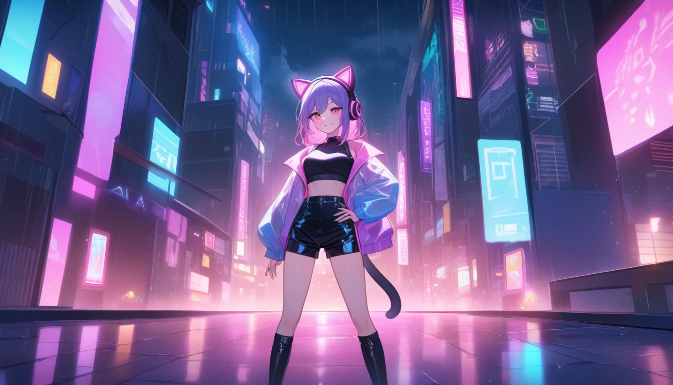 Scene: A girl standing in a futuristic city alley at dusk, with vibrant neon lights reflecting off the rain-soaked pavement. Hair: Short, spiky lavender hair with neon pink highlights that glow under the city lights. Outfit: A sleek, holographic jacket over a black crop top, paired with high-waisted, metallic shorts, and knee-high boots. Accessories: A pair of cat-ear headphones with glowing neon blue accents, perfectly matching the city's lights. Pose: She stands confidently, one hand on her hip, the other holding a small, high-tech device that’s emitting a soft glow. Expression: A sly smile with a hint of excitement, as if she’s ready to dive into an unexpected adventure in this surreal environment.