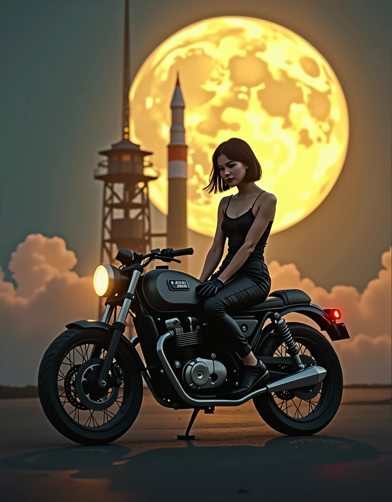 A breathtaking scene set on the night of the Mid-Autumn Festival under a bright yellow full moon. In the foreground, a beautiful young woman smilly facefrom ,from Brooklyn, dressed in a stylish jumpsuit, sits confidently on a classic café racer motorcycle. She has short black bob hair and a cool, composed expression, exuding an urban, sophisticated vibe. The background features a towering space rocket launch pad nearby, with the rocket ready for launch. The scene blends the mystique of the moonlit night with the tension and excitement of a space mission. The vintage motorcycle adds a retro touch, while the overall setting is infused with a mix of urban charm and futuristic ambition. The atmosphere is slightly misty, with the moonlight casting an ethereal glow over the entire scene.