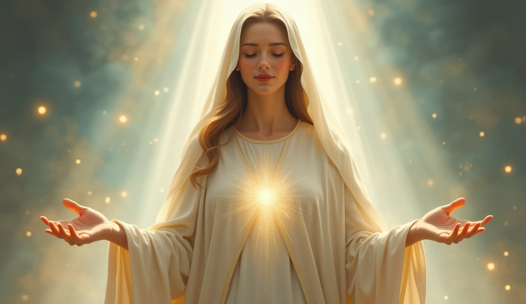 Create more images that portray a serene and compassionate saint, dressed in flowing robes and with a soft glow around her. She is performing the miracle of healing
