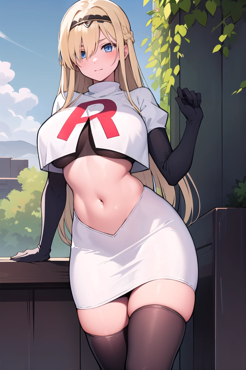 masterpiece, best quality,simple eyes,outdoors,1girl,north carolina,bangs, blonde_hair, blue_eyes,large breasts, eyebrows_visible_through_hair, hairband, long_hair, long_sleeves, looking_at_viewer, team rocket,team rocket uniform,white skirt,red letter R,crop top,black thigh-highs,black elbow gloves