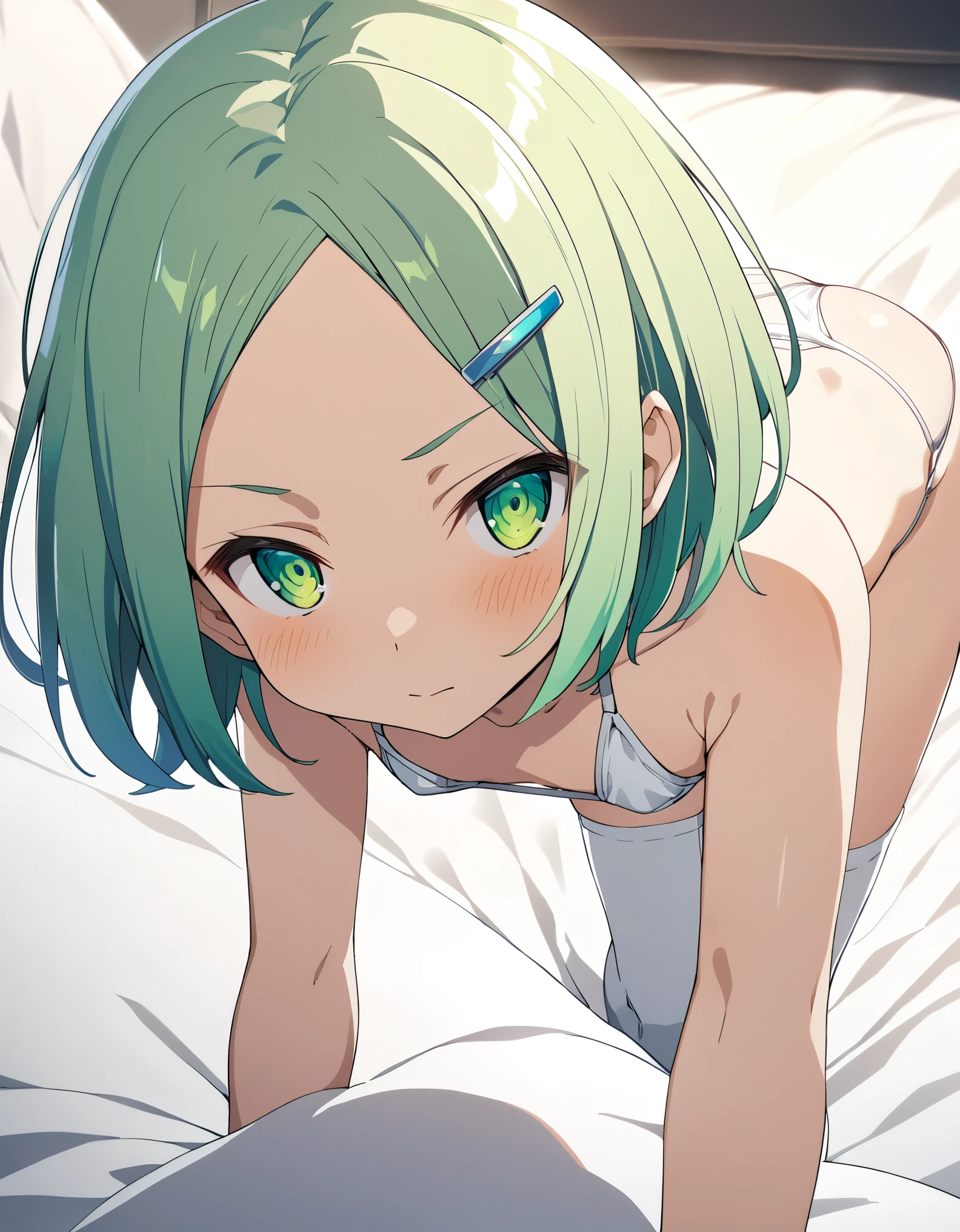 (((Highest quality,High resolution,Pixel perfect,Noise Reduction,Beautiful Anime,Smooth Skin,Glowing Skin,Soft Skin,Detailed face,１people,No text,No dialogue,No sound effects,No manga))),(((Sinon,Green Hair,short hair,Green Eyes,Hairpins in the bangs))),(((White super micro bikini,White knee-high socks,))),((front,Eyes meet,White bedroom,On all fours on the bed))