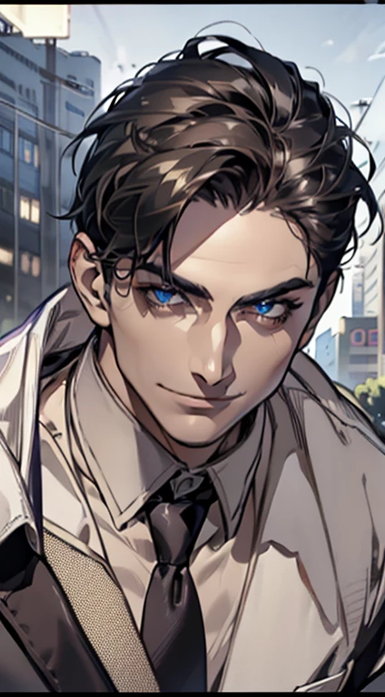 (best quality, masterpiece, 8K, photorealistic, cinematic lighting, hdr image, ultra detailed, beautiful image), 1 man, 3, mature man, very handsome, (without expression, smile), short black hair, blue eyes ( penetrating gaze), perfect face without errors, imposing posture, without errors, businessman, office background
