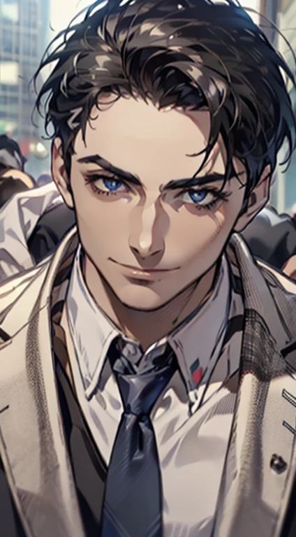 (best quality, masterpiece, 8K, photorealistic, cinematic lighting, hdr image, ultra detailed, beautiful image), 1 man, 3, mature man, very handsome, (without expression, smile), short black hair, blue eyes ( penetrating gaze), perfect face without errors, imposing posture, without errors, businessman, office background