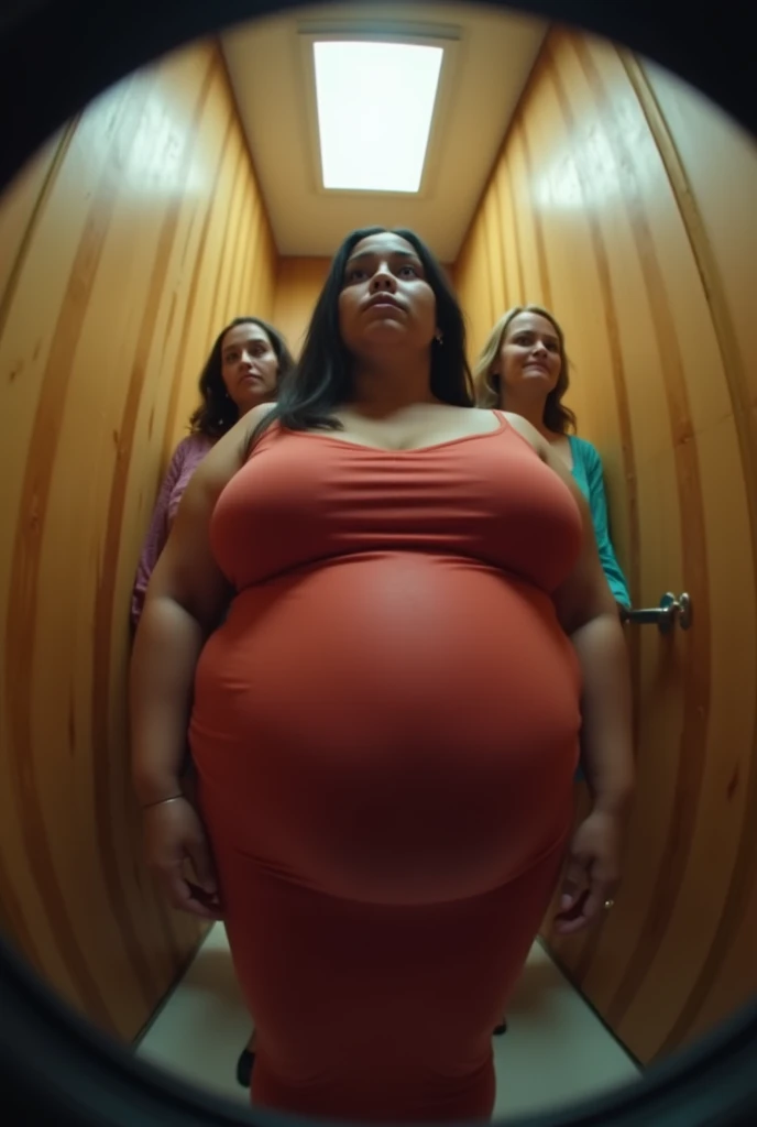 Pov of your eyes when the pregnant plus size stepmother with a big belly is competing with other women in a narrow room.. fisheye camera view, iphone camera style. 8k hd, realface, cinematic