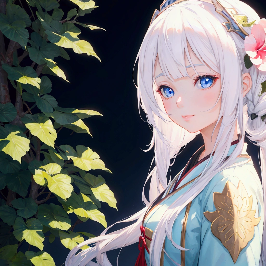 a girl with long white hair and blue eyes standing in front of a tree, trending on cgstation, 🌺 cgsociety, palace ， a girl in hanfu, render of a cute 3d anime girl, cute detailed digital art, cute digital art, 8k)), smooth anime cg art, realistic anime 3 d style, 3d anime girl, beautiful character painting