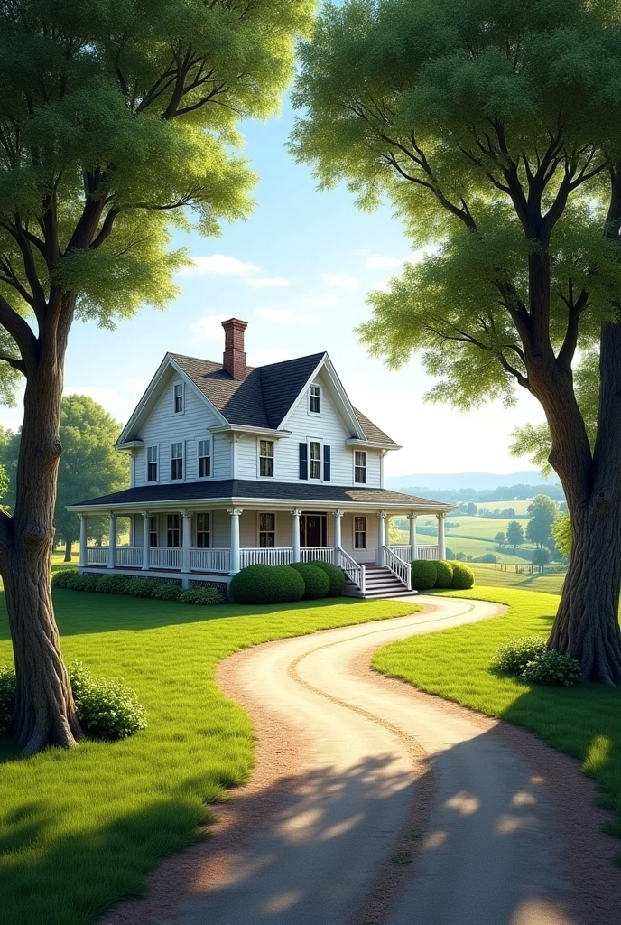 Make a white farm house with a wood porch with a long driveway with a grove