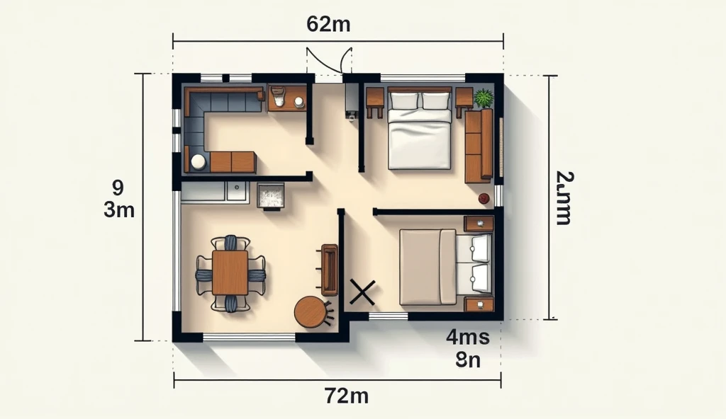 Create a floor plan for a small house with a size of 8m x 3.2m. The house should include a relax area (2m x 3.2m), a dining room/kitchen (2m x 3.2m), a bedroom (4m x 3.2m), and a bathroom inside the bedroom (0.5m x 3.2m).