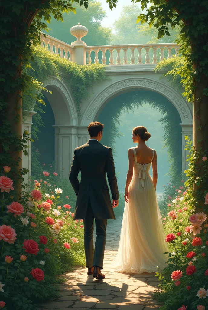 Panel 5:
(Jake finds himself in a Victorian-era garden. Lily, a beautiful woman in a long dress, is walking alone among the flowers. Jake sees her and approaches.)
Text:
Jake approached Lily, staring at her in amazement. "Are you... Lily?" Jake asked, unable to believe it.
Dialogue (Lily):
Lily turned in surprise and said: "How do you know my name? I have been waiting... who are you?" cambia la ropa del chico por una mas casual, camisa y jeans
