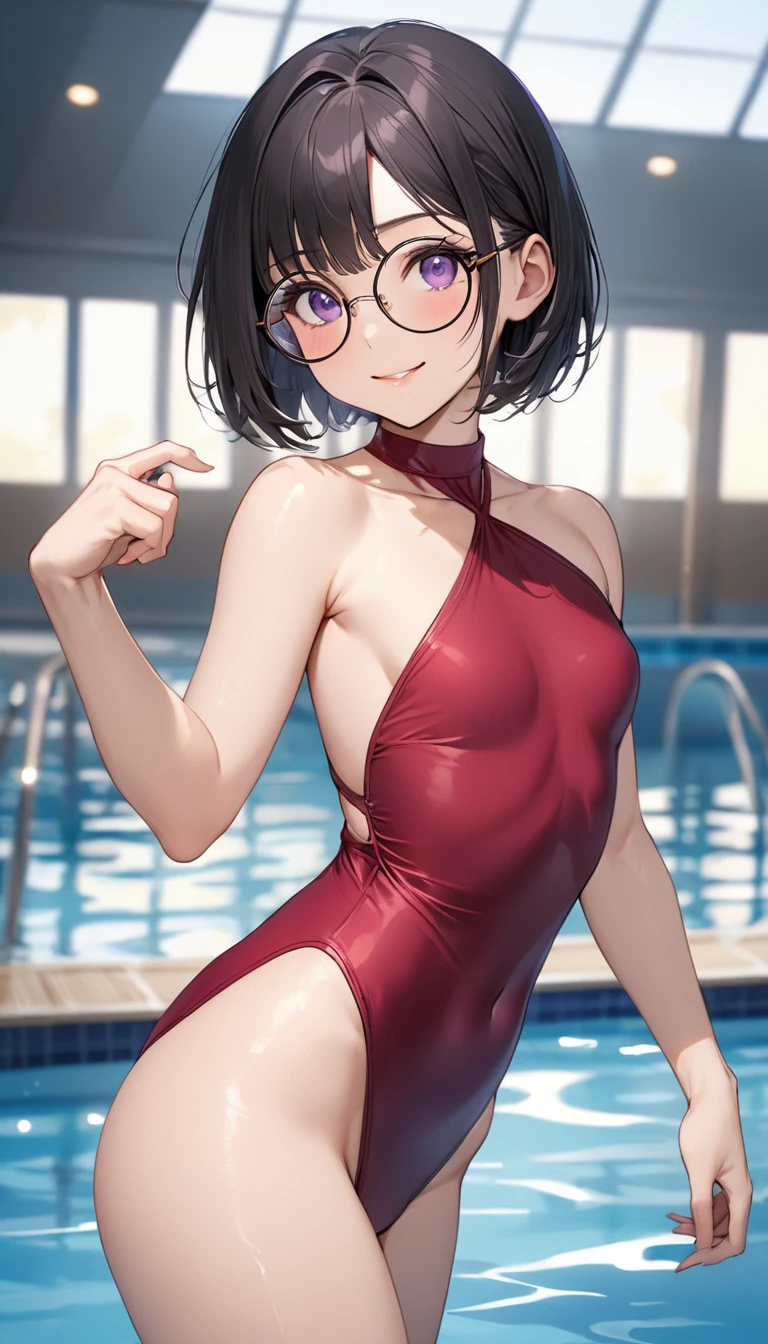 Highest quality、Best image quality、masterpiece、独奏, a girl、Beautiful Eyes、black hair, purple eyes、Short bob cut、(sideburns), middle part, (flat chest)、slender、Tight waist、Round Glasses、Beautiful Face、Natural smile、red cheek、high-neck-halter- swimwear, At the school pool、sexy pose, bewitching pose, Model Pose, dynamic angle