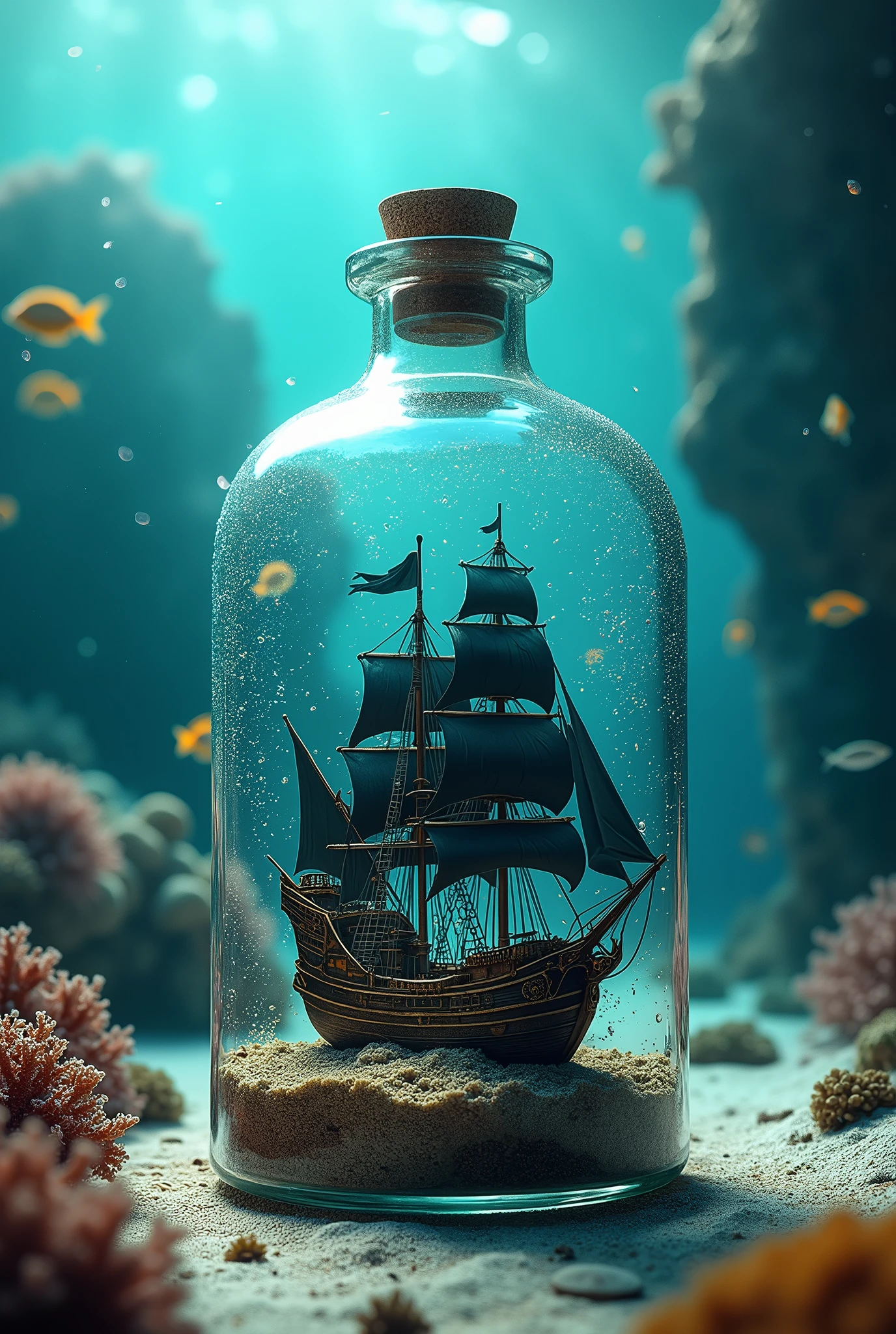 Masterpiece, Ultra-Detailed, High Definition, HDR, Cinematic Lighting, Surreal Fantasy Scene. A majestic black pearl ship, intricately detailed with sails unfurled, captured inside a glass bottle. The bottle rests on the sandy ocean floor, surrounded by coral reefs, colorful marine life, and gentle currents. Ethereal beams of light penetrate the surface of the water, casting a mystical glow over the scene. The ocean depths behind the bottle are filled with vibrant shades of blue and green, with schools of fish swimming gracefully. The glass of the bottle reflects the surrounding underwater environment, with tiny bubbles rising around it. The entire scene exudes a dreamlike quality, blending the mystique of the deep sea with the fantasy of a ship in a bottle, illuminated by the soft, surreal light filtering through the water.