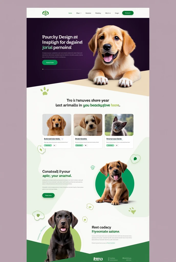 Create a website layout for an animal adoption NGO, predominant colors being dark purple, green and white DARK PURPLE