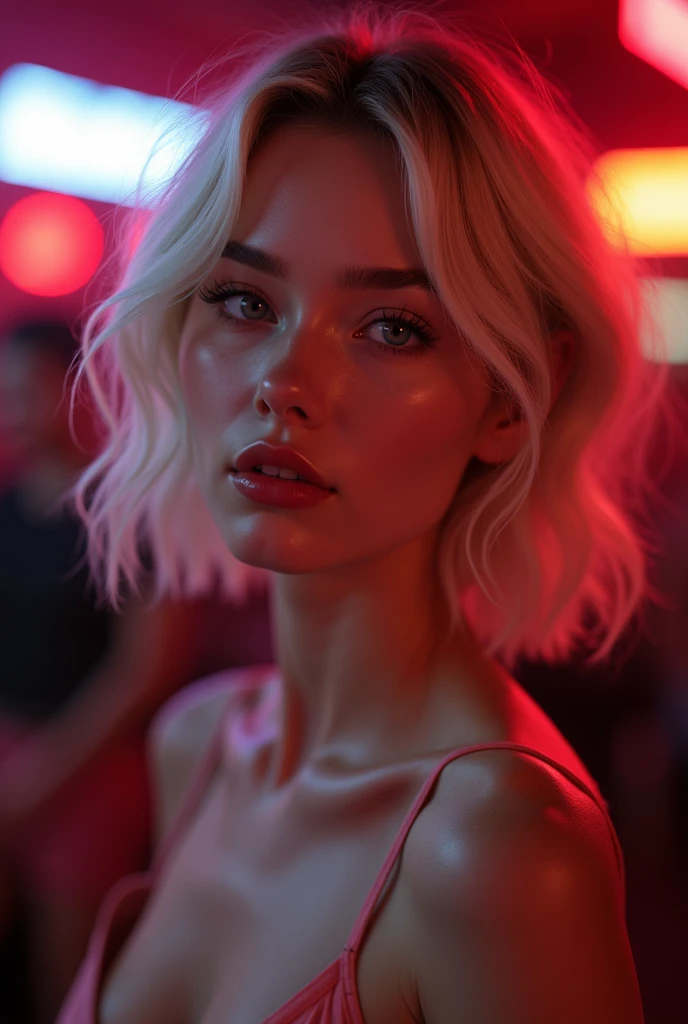 (Photorealsitic:1.4), (masterpiece:1.3), (top-quality:1.4), ((ultrarealistic)), HD 8k, well proportioned full slim tonned body of ((innocent and little 30 years woman) , woman with bright expression, extremely beautiful, amazing beautiful, extraordinary beautiful, Detailed cute femenine and beautiful face, beautiful big almond blue eyes, Detailed facial features , (Sharp focus: 1.2), (Focus on the face:1.2),Perfect Style, Beautiful Face, Acura, Anatomically correct, Highly detailed face and skin texture, Beautiful Eyes,Beautiful Eyes, Natural Cheeks, Glowing Skin, Fair skin: 1.2, (Glossy Lips: 1.4), elegant stylish short blonde hair, perky small elegant nose, full red lips, extremely detailed eyes and face, long eyelashes, elegant lady, graceful pose, Glowing white shiny skin, subtle makeup, extremely pale woman, extremely pale skin, extremely beautyful legs, tonned legs, nice perky ass,
(cozy night dance club ),
alternative vibe,vibrant lighting, high contrast,dramatic shadows,highly detailed,detailed skin,depth of field,dynamic angle,
wearing a ((knee length) sexy but modest dress) to go to a dance club matching detailed hig heels,
full body view, desire look, (complete full body view), detailed skin,