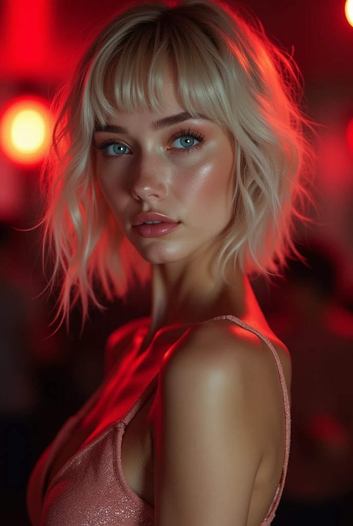(Photorealsitic:1.4), (​masterpiece:1.3), (top-quality:1.4), ((ultrarealistic)), HD 8k, well proportioned full slim tonned body of ((innocent and little 30 years woman) , woman with bright expression, extremely beautiful, amazing beautiful, extraordinary beautiful, Detailed cute femenine and beautiful face, beautiful big almond blue eyes, Detailed facial features , (Sharp focus: 1.2）, (Focus on the face:1.2),Perfect Style, Beautiful Face, Acura, Anatomically correct, Highly detailed face and skin texture, Beautiful Eyes,Beautiful Eyes, Natural Cheeks, Glowing Skin, Fair skin: 1.2, (Glossy Lips: 1.4), elegant stylish  short blonde hair, perky small elegant nose, full red lips, extremely detailed eyes and face, long eyelashes, elegant lady, graceful pose, Glowing white shiny skin, subtle makeup, extremely pale woman, extremely pale skin, extremely  beautyful legs, tonned legs, nice perky ass, 
(cozy night dance club ), 
alternative vibe,vibrant lighting, high contrast,dramatic shadows,highly detailed,detailed skin,depth of field,dynamic angle, 
wearing a ((knee length) sexy but modest dress) to go to a dance club matching detailed hig heels, 
full body view, desire look,   (complete full body view), detailed skin, 
