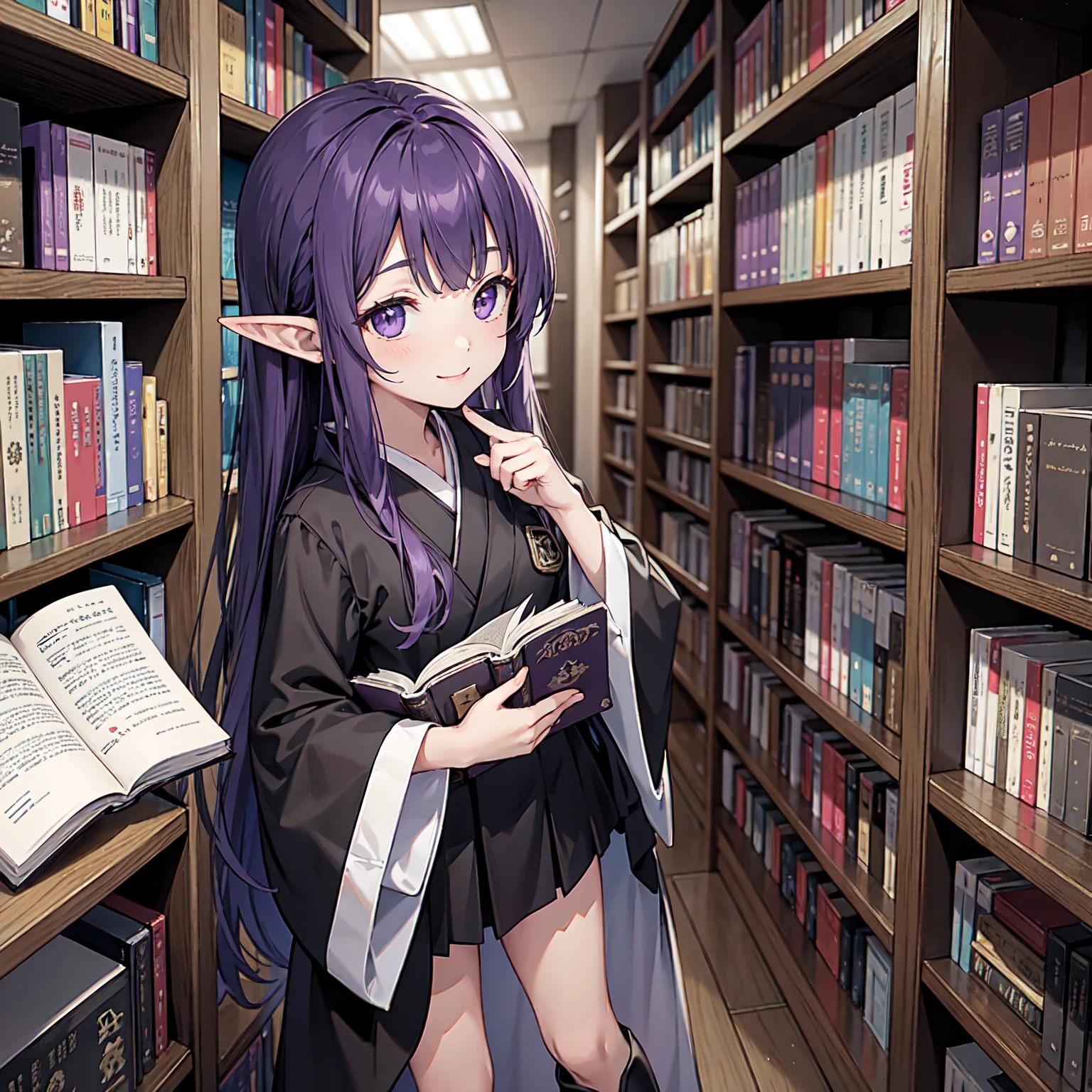 Library at night, dimly lit. Night. No windows. A girl grabs a book from the bookshelf. She fishes through the bookshelf. Which book shall I choose? A happy smile. Her eyes are on the book. Nostalgic. Purple hair. A girl with long purple hair. Pointy elf ears. Her clothes are simple: a black robe with wide sleeves and a black miniskirt. Knees showing. V-shaped white inserts on the front like a kimono. Black boots. Standing figure. Lots of bookshelves lined up. She is selecting a book in a row. Her eyes are on the bookshelves.