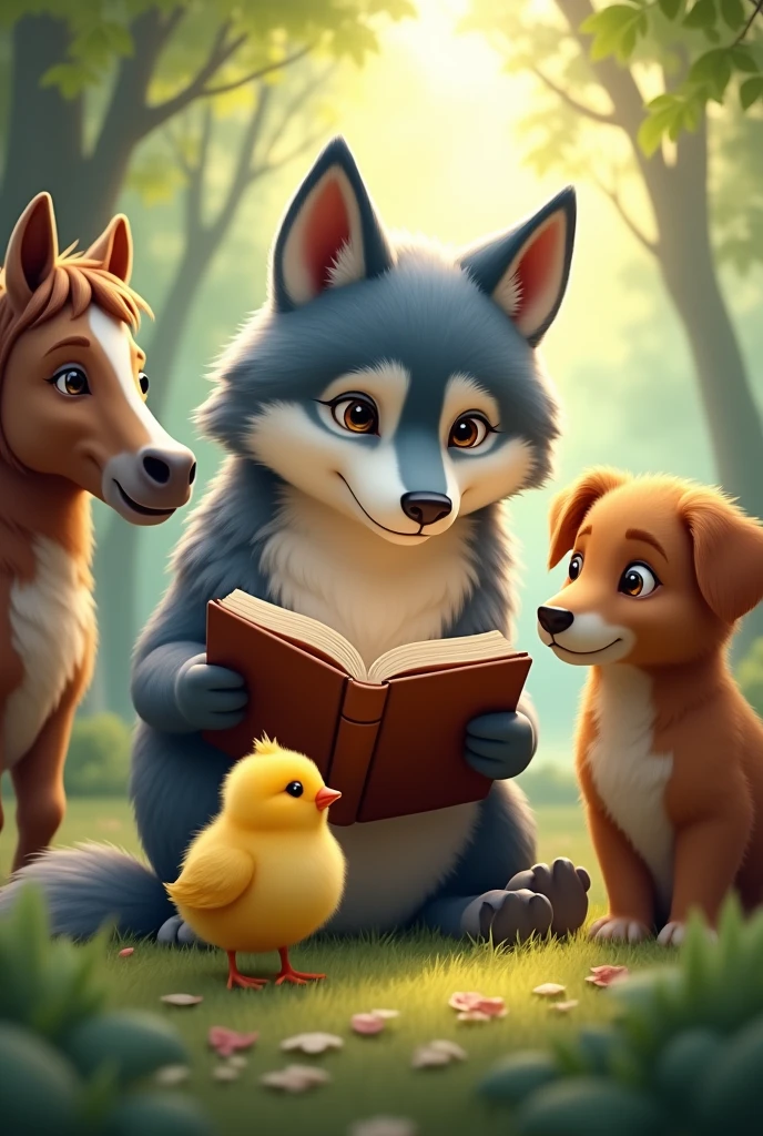 Create a picture where a wolf is reading and a chick and a horse and a dog are paying attention to him while the wolf is reading.
