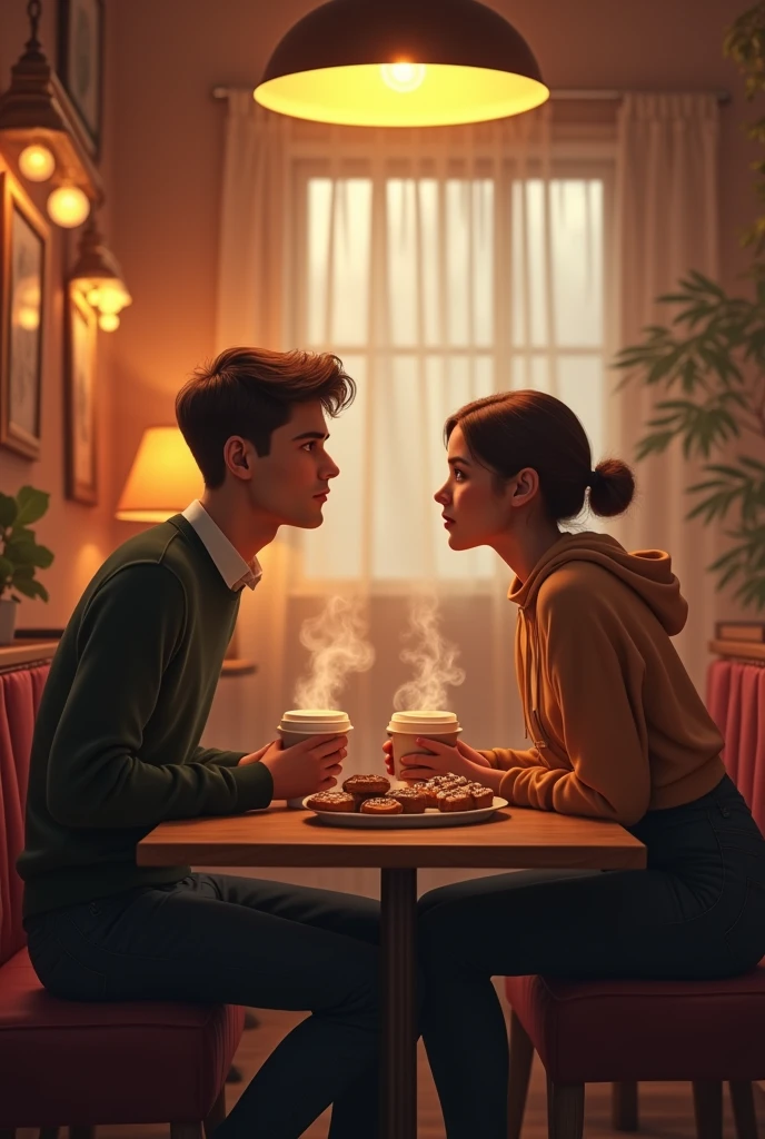 Meeting at the Café
Prompt: A cozy, stylish café with a warm ambiance. A young couple is meeting for the first time, both looking a bit nervous but excited. They are sitting at a small table with coffee cups and a few pastrie