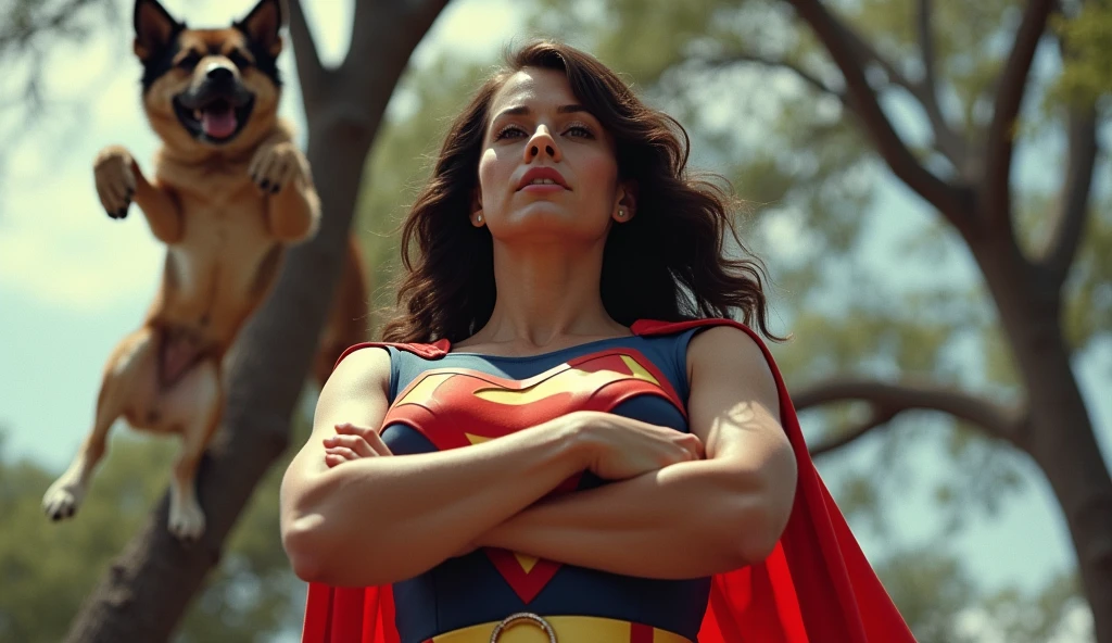 (((very beautiful old Supergirl (((1980s Superman costume))) Julie Hagerty(((dark-haired, large-breasted woman in her 50s)))) Super woman Julie Hagerty; confident, powerful, indestructible, attractive; big and firm chest; strong breasts; arms crossed, flutuando no ar, salvando um cachorro de uma arvore; arms of a strong woman. HD. Photograph, ((realism)), extremely high quality RAW photograph, ultra detailed photograph, sharp focus, high resolution, (detailed skin:1,3),high quality, film grain, Fujifilm XT3,Highly Detailed, movie, (Cinematic Photo:1.3) of (Realistic:1.3)