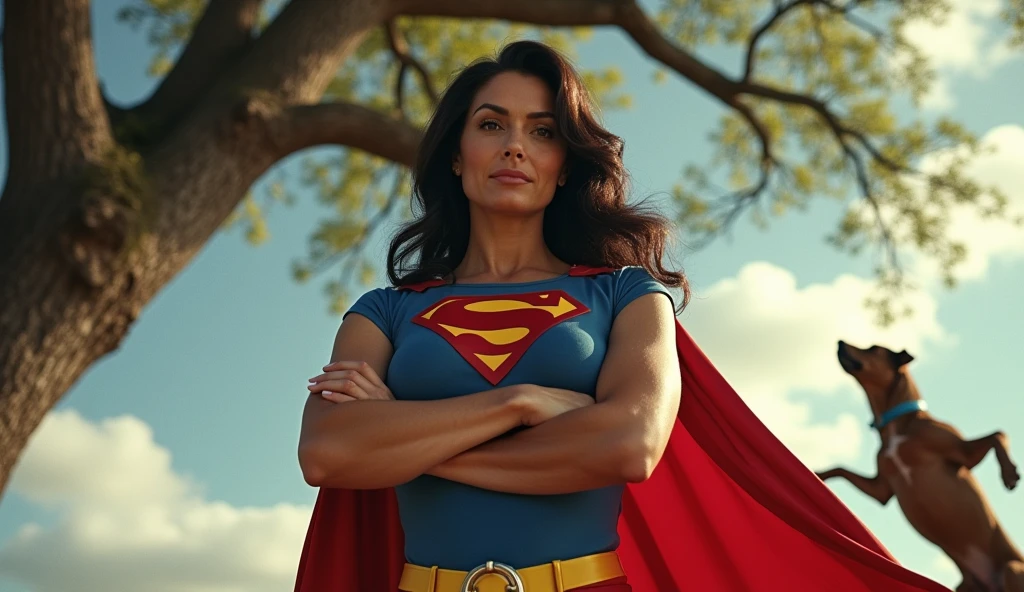 (((very beautiful old Supergirl (((1980s Superman costume))) Julie Hagerty(((dark-haired, large-breasted woman in her 50s)))) Super woman Julie Hagerty; confident, powerful, indestructible, attractive; big and firm chest; strong breasts; arms crossed, flutuando no ar, salvando um cachorro de uma arvore; arms of a strong woman. HD. Photograph, ((realism)), extremely high quality RAW photograph, ultra detailed photograph, sharp focus, high resolution, (detailed skin:1,3),high quality, film grain, Fujifilm XT3,Highly Detailed, movie, (Cinematic Photo:1.3) of (Realistic:1.3)