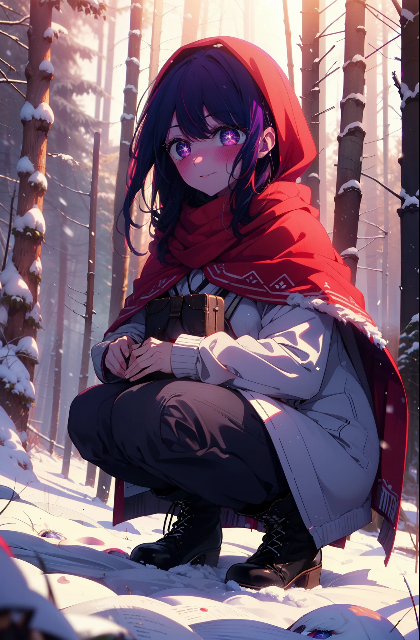 aihoshino, Ai Hoshino, Long Hair, bangs, (Purple eyes:1.1), Purple Hair, (Symbol-shaped pupil:1.5), smile,,smile,blush,white breath,
Open your mouth,snow,Ground bonfire, Outdoor, boots, snowing, From the side, wood, suitcase, Cape, Blurred, , forest, White handbag, nature, Squat, Mouth closed, Cape, winter, Written boundary depth, Black shoes, red Cape break looking at viewer, Upper Body, whole body, break Outdoor, forest, nature, break (masterpiece:1.2), Highest quality, High resolution, unity 8k wallpaper, (shape:0.8), (Beautiful and beautiful eyes:1.6), Highly detailed face, Perfect lighting, Highly detailed CG, (Perfect hands, Perfect Anatomy),