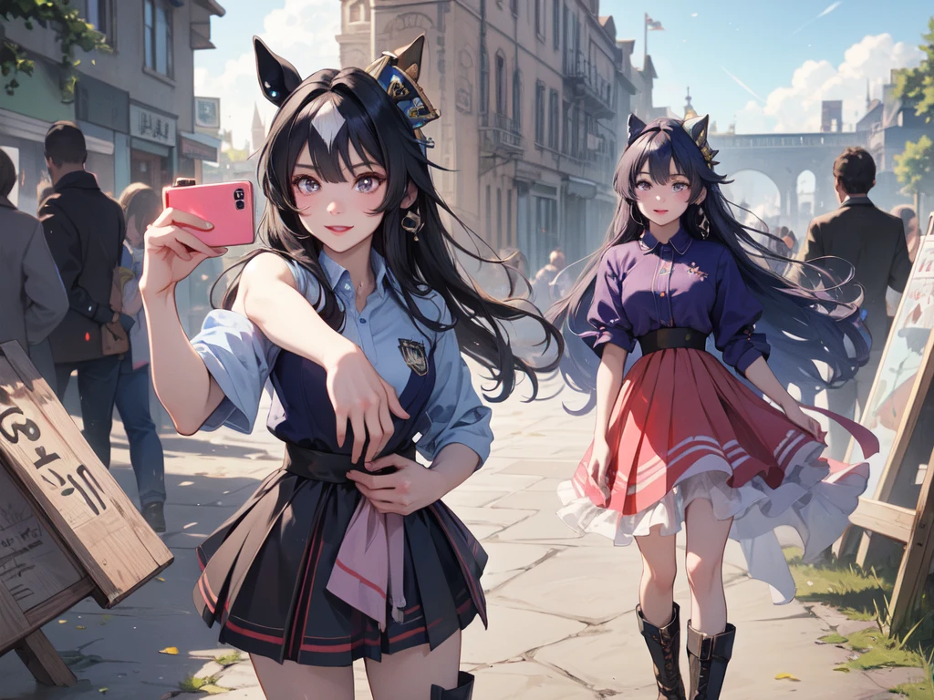 Masterpiece, high quality, 4K, HDR、Selfie。Chest centered。Cool horse ears beauty、smile、looking at the camera。Brown Eyes、Pink Lipstick、Wearing red glasses、Glamorous Body。Shoulder less、Show the hem of your clothes、Blue polo shirt、pats、sports boots。Bend your knees and stretch、Place your hands on your chest and waist。Starry Sky、ruins。