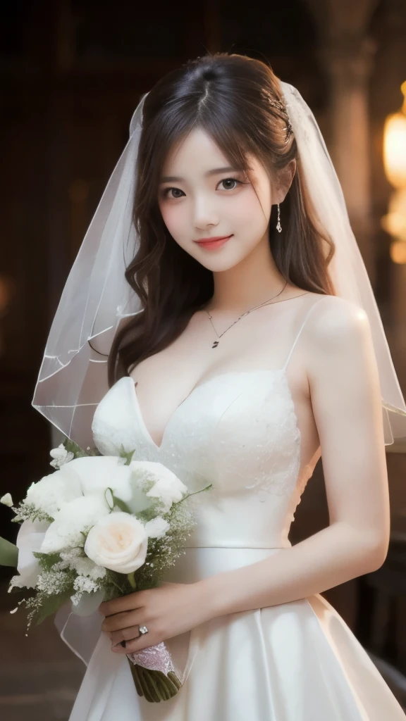 8k,Highest quality,(masterpiece:1.2),(Realistic),(Realistic:1.37),Ultra-high resolution,1 female college student,smile,Beautiful Eyes,holding the bouquet with both hands,Wedding hall,(((Wedding dress))),Big Breasts,Perfect body,Perfect Fingers,Professional Lighting,gravure,Detailed face and skin texture,fine grain,RAW Photos