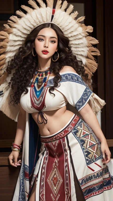 Facial perfect,the red lips,the blue eyes,body perfect, perfect big breasts, perfect muscular body, woman with perfect hair, long dark brown curly hair with very long dark brown curly hair, super long dark brown curly hair with very super long dark brown curly hair, wearing Native American Tribe Costume with Native American Hat,full body costume,realisian proportions, good proportions 