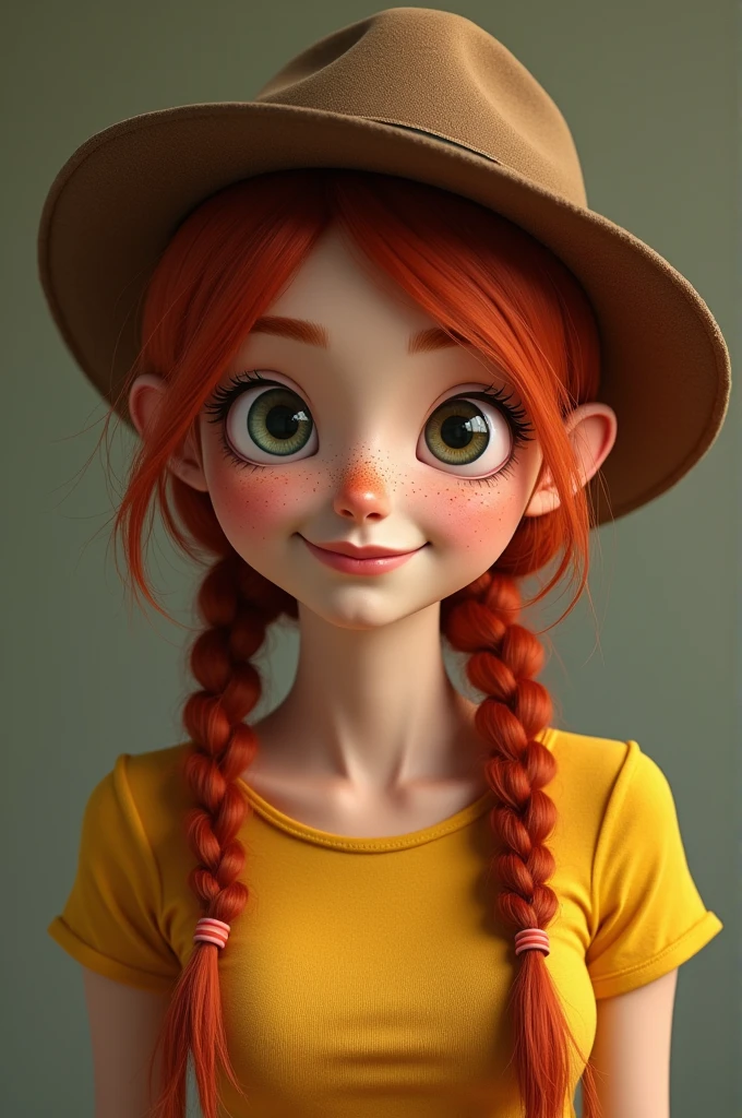 She is a ager about
who is wearing a short, tight, ugly and yellow shirt. She also wore a faded brown hat with red hair braided on both sides. The littace was white and thin and had freckles. She had a big mouth and
her big eyes were sometimes green in front of the light and sometimes gray.
This girl has a meaningful and sharp chin, her big eyes are full of joy and vitality. She has sweet and expressive lips and a high forehead., taking a realistic photo