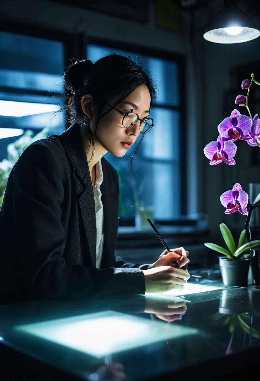 Genius Botanist beauty Misaki Sato, 28, Japanese, long black hair in messy bun, wire-rimmed glasses, focused expression, examining mysterious iridescent orchid under microscope in dimly lit research lab, moonlight streaming through large windows, casting long shadows, state-of-the-art lab equipment scattered on steel tables, glowing computer screens in background, half-empty coffee mug nearby, clock showing 2:37 AM, frosted glass door slightly ajar, silhouette of unknown man visible through gap, tension in air, orchid emitting faint bioluminescence, hyper-detailed, cinematic lighting, shallow depth of field, suspense thriller atmosphere, 8k ultra HD, --AR 16:9 --stylize 1000 --no glass
