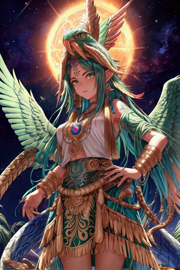 Quetzalcóatl, «the feathered snake», PRETTY EYES, highly detailed face, BEATIFULL eyes , STARS GALAXY background, 4k, high resolution, TATTOOS, PYRAMIDS, WINGS ON THE FEET, THE KING OF TALOACAN, PENACHO Set of raised feathers that certain SNAKEs have on the top of their heads. SNAKE HEAD PENACHO, SNAKE WINGS